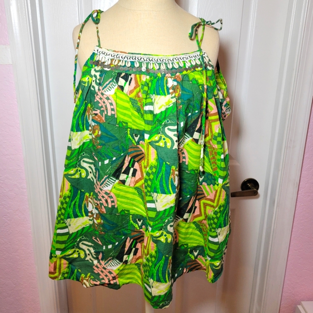 Haute Hippie Boho Chic Cotton tie Shell Trim shoulder top size M Relaxed Fit New